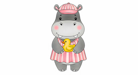 Cute cartoon hippo in a pink striped dress and hat, holding a yellow rubber duck, perfect for children's art, playful designs, and baby-related projects