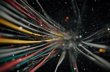Interconnected colorful fiber optic strands on dark industrial surface, depicting high-speed data exchange between earth and cosmos for technological advancement.
