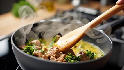 Budget friendly meal cook home kitchen savory stew with meat and broccoli simmering pan stirred with wooden spatula steaming aroma inviting family dinner budget friendly meal cook home kitchen savory