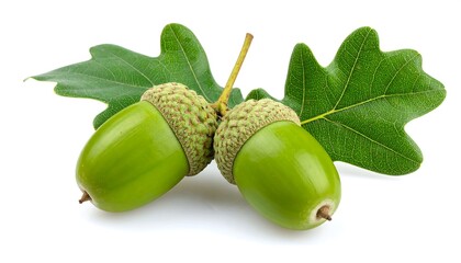 Two green acorns with leaves