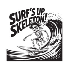 Vintage Surfing Skeleton and Tropical Wave Retro T-Shirt Design