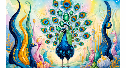 Artistic peacock displaying feathers in a vibrant, watercolor dreamscape environment