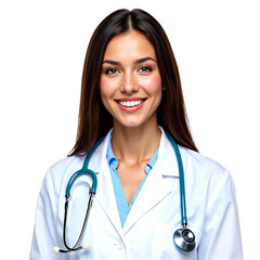 A high-quality studio portrait of a friendly female doctor wearing a white coat and stethoscope, looking at the camera with a confident smile, isolated on a plain background for medical concepts