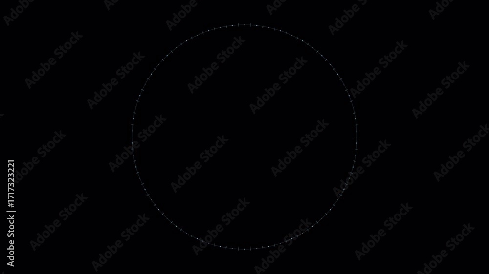 Poster animated circle with dots rotating on a black background, simple design.