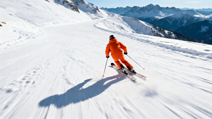 Skier in orange outfit descending a snowy mountain slope with alpine peaks in the background
