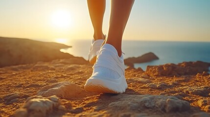 Close-up of person's feet in white sneakers walking on a rocky cliff, ocean vista at sunrise