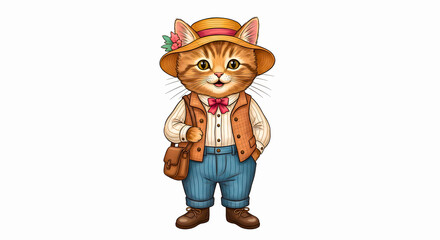 An adorable ginger kitten character wearing a boater hat, vest, and trousers, ready for an adventure with its satchel