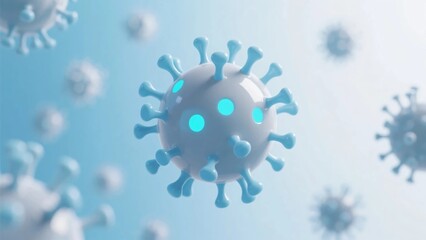 Futuristic Glowing Blue Microbe 3D Illustration with Smooth Surface and Floating Particles in Bright Clean Background