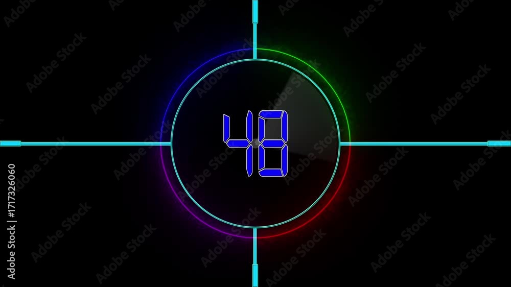 Poster digital text countdown 53 sec to 0 sec timer. neon circle and radar hud animation. digital timer tar