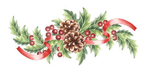Fototapeta premium Spruce cones with holly leaves and red berries, christmas watercolor isolated illustration for festive design Hand drawn winter holiday traditional decoration. Vibrant green foliage for greeting card