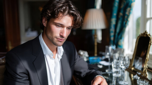 In this image, a thoughtful groom prepares for his wedding ceremony, displaying a moment of introspection and anticipation before the big day unfolds amidst elegant surroundings. - Powered by Adobe