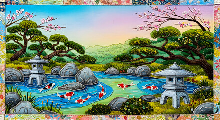 Serene Koi Pond with Japanese Maple Trees and Pagoda Lanterns, Capturing the Essence of Tranquil Asian Gardens