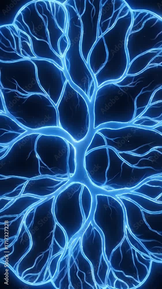 Aufkleber abstract illustration of a glowing blue neural network or tree-like structure against a dark backgro