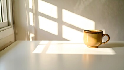Tan Ceramic Mug in Sunlight on White Table