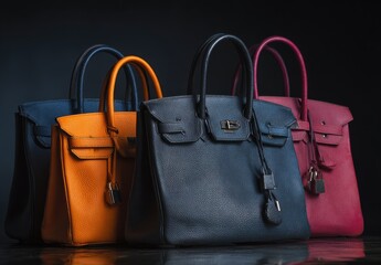 Collection of colorful luxury leather handbags on display.