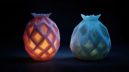 Two illuminated pineapple-shaped lamps, one glowing warm orange and the other cool blue, against a dark background.