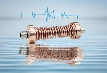 Copper coil with heartbeat line on water surface.