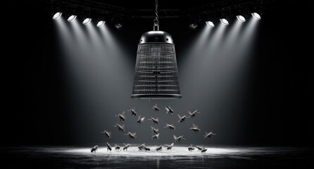 Dark Metal Cage Suspended Above Falling Objects.