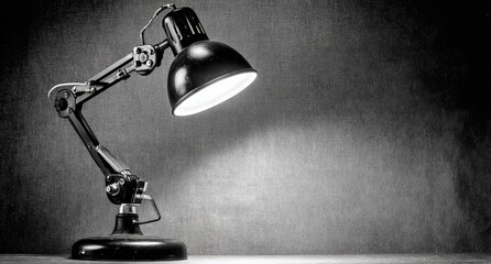 Desk Lamp Illuminating a Dark Room in Black and White.