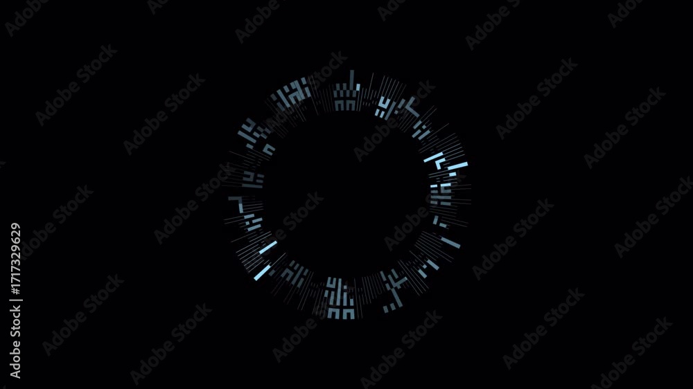 Poster futuristic hud circle interface with digital data and glitch effect on black background.