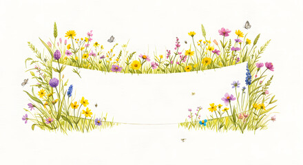 A beautiful watercolor illustration of a grassy meadow filled with wild flowers and butterflies, featuring a blank banner for text
