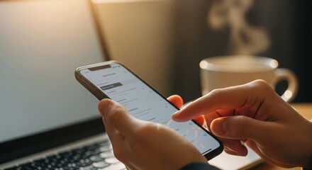 Person using a smartphone at a desk with a laptop and a cup of coffee.
