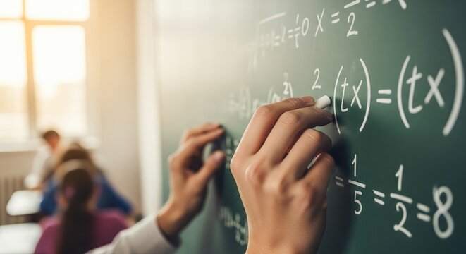 A person writing mathematical equations on a chalkboard in a classroom setting.