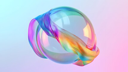 A transparent sphere is wrapped with a vibrant multicolored cloth on a soft gradient background backdrop.