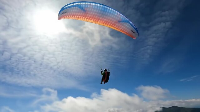 One person paragliding over clouds under clear blue sky. Adventure sport activity.