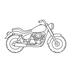 Outlined illustration of a classic motorcycle, showcasing its engine, wheels, and handlebars.