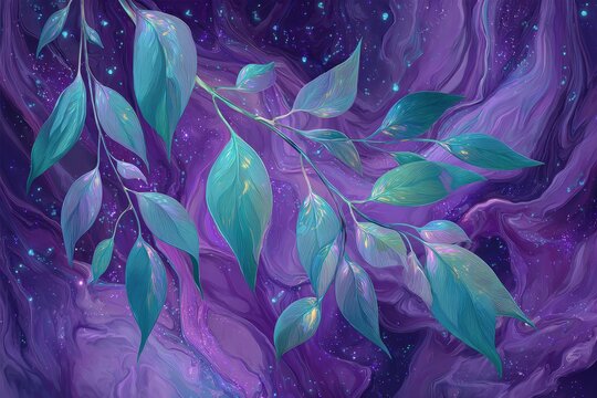 A branch of vibrant teal and purple leaves floats against a backdrop of swirling, textured, and glittering purple and teal colors. - Powered by Adobe