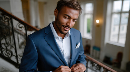 A sophisticated man in a fitted blue suit stands confidently, enjoying a moment of introspection while adjusting his jacket, against a backdrop of classic architecture.