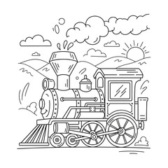 A classic steam locomotive chugs through a scenic landscape, emitting steam under a bright sun.