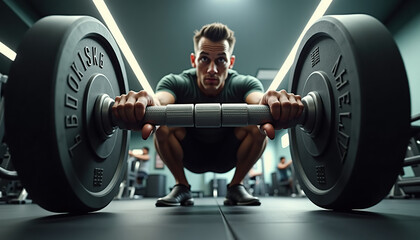 Focused athlete preparing to lift a heavy barbell in a gym, capturing determination and strength in a high-energy, dynamic setting