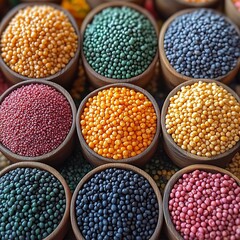 Colorful small seeds/grains in shallow bowls