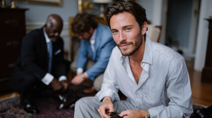 This image features a groom receiving assistance from two friends as they prepare together for the wedding, capturing the warm and supportive atmosphere of friendship.