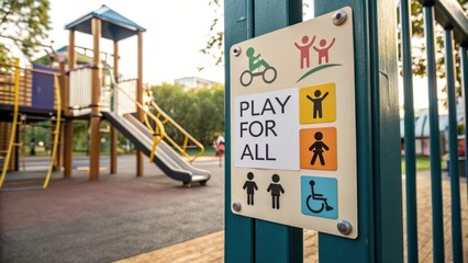 Inclusive Play Area Sign Encouraging Accessibility for All Children at Modern Playground with Swing and Slide Equipment