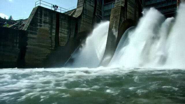 Powerful waterfall flowing from dam, water energy resource with nature and infrastructure in summer day. Water, dam, flowing, waterfall, energy, infrastructure, nature.