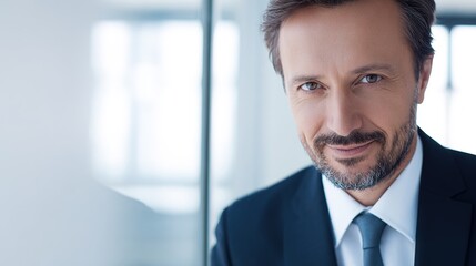 Naklejka premium Confident businessperson in formal attire with a subtle smile, soft lighting highlighting professional demeanor.