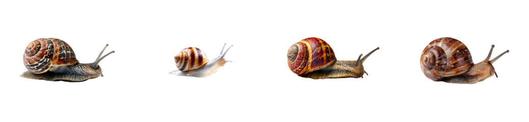 Four snails with detailed shells showcased against a dark void, cut out transparent