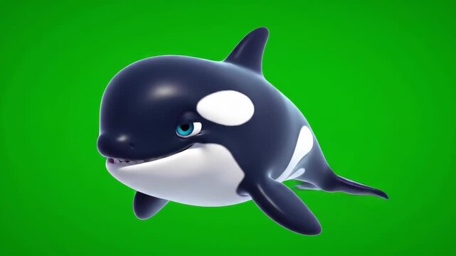 A cartoon orca swimming against a vibrant green background with a white patch.