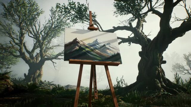 Landscape painting of mountains on easel outdoors in forest with trees and mist, nature art.