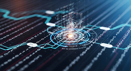 Dynamic digital data stream with glowing futuristic interface and analytical charts on dark background