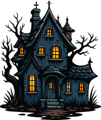 Spooky haunted house with glowing windows and creepy trees in cartoon style. Editable EPS file perfect for Halloween decorations, party themes, posters, stickers, horror stories, or seasonal graphics.