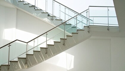 Obraz premium Modern Minimalist Staircase with Glass Railing and Sunlight