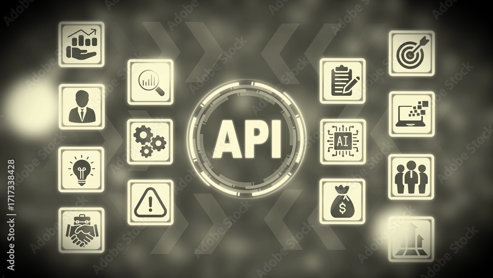 Poster api concept in monochrome with technology icons and digital background application programming inter