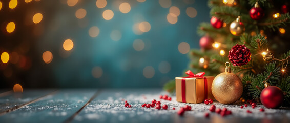 Christmas tree decoration with gold gift box and baubles