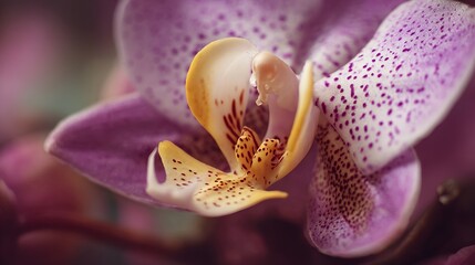A close up of a purple and yellow flower with white spots