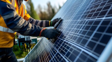 A worker carefully installs new solar panels on a bright sunny day promoting clean and renewable energy source.