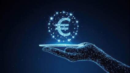 Futuristic digital hand presents glowing Euro symbol with interconnected network, symbolizing global finance and digital currency innovation.